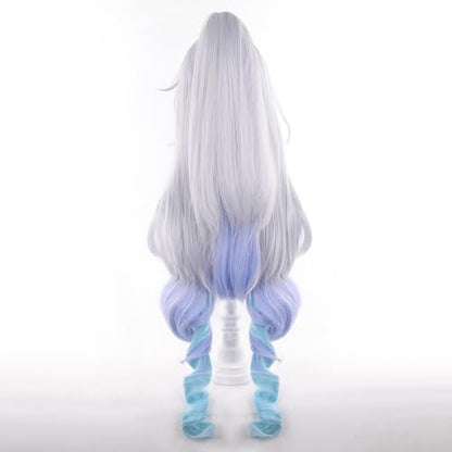 Lv999 Silver Wolf Grey Gradient Sky Blue Lake Blue Women Long Curly Hair,Split Tiger Clip Anime Game Halloween Party Costume with Free Hairnet - color: Grey Gradient Sky Blue
