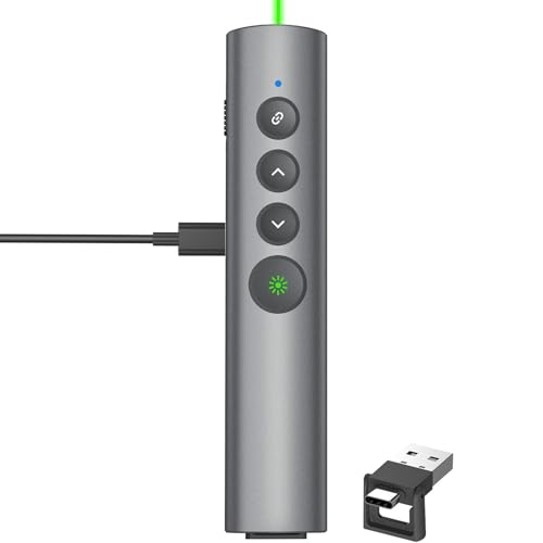 Aluminum Alloy Presentation Clicker with Green Laser Pointer | 2‑in‑1 USB/Type C Receiver Wireless Presenter Remote PowerPoint Clicker for Computer Laptop/PPT/Google Slides/Windows/Mac - style: Metal 02 Green Laser