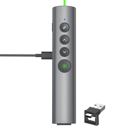 Aluminum Alloy Presentation Clicker with Green Laser Pointer | 2‑in‑1 USB/Type C Receiver Wireless Presenter Remote PowerPoint Clicker for Computer Laptop/PPT/Google Slides/Windows/Mac - style: Metal 02 Green Laser