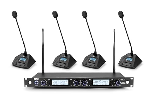Pyle 4 Channel UHF Wireless Conference Microphone System with 4 Gooseneck Mics, 300 Ft Range, Selectable Frequencies & Rack Mount Receiver for Meetings, Presentations & Events - style: 4 Gooseneck Mics