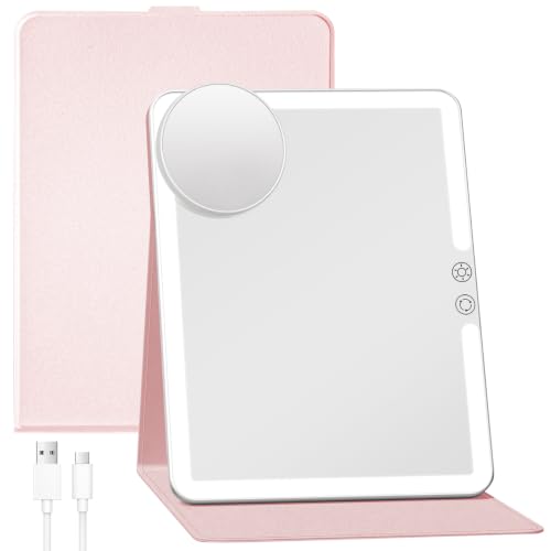 FUNTOUCH 2500mAh Large Rechargeable Travel Makeup Mirror with Lights (Pink) - color: Pink C