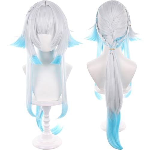 Anime White Gradient Blue Wigs with Bangs Women Long Straight Wig with Braids and Ponytail Cery Adult COS Game Empress Wigs Halloween,Christmas,Comic con,Game Show,Party - color: Blue White Gradient