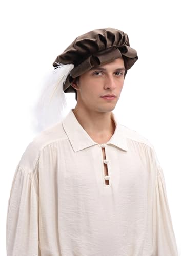 Renaissance Roll Hem Beret for Men Medieval Tudor Slit Hat with Feather Fantasy Costume Accessories - color: Brown