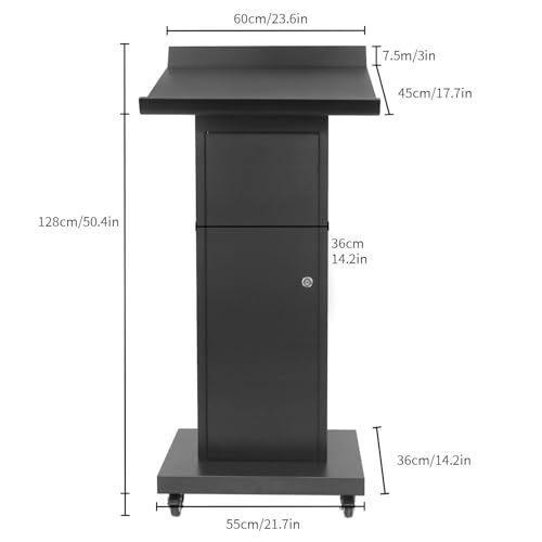 Metal Podium Stand with Wheels, 50.4"Heavy-Duty Mobile Metal Lectern with Storage Cabinets, Portable Pulpit for Church, School, Office and Conference - color: Black-01