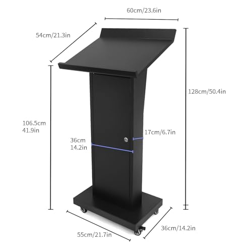 Podium Stand with 4 Locking Wheels, Lecterns & Podiums for Church School Office Conference Home, Heavy Duty Metal, Large Storage Area, Slant Desktop, 50.4" H - color: Executive Angled Metal - Black