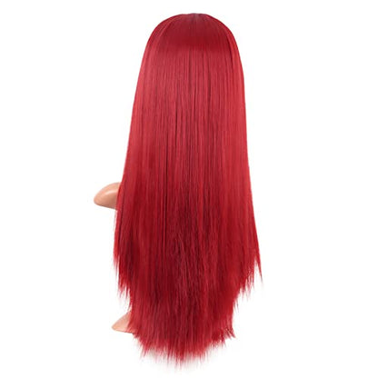 MapofBeauty 24 Inch Long Straight Flat Bangs Party Cosplay Wig, Red | 60 cm Synthetic Hair Wig, Heat Resistant, Women - color: Red