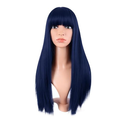 MapofBeauty 24 Inch Long Straight Flat Bangs Party Cosplay Wig, Dark Blue | 60 cm Synthetic Hair Wig, Heat Resistant, Women - color: Midnight Blue