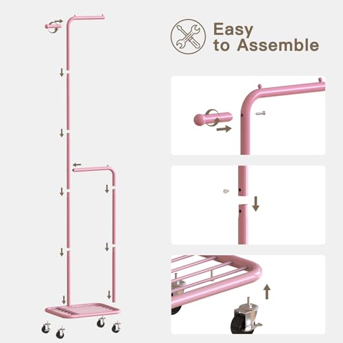 Small Rolling Clothing Rack with Shelf, Narrow Clothes Rack with Wheels | Gasvadivum 71" Tall Sturdy Metal Garment Rack with Hanging Rod, Freestanding Portable Coat Rack for Bedroom, Entryway, Pink - color: Pink