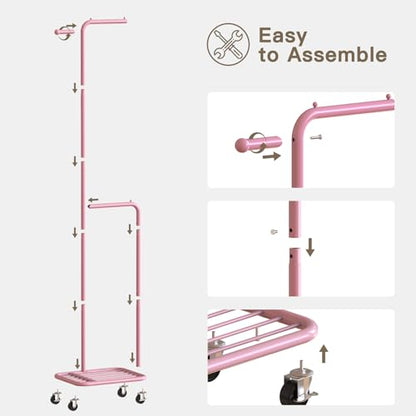 Small Rolling Clothing Rack with Shelf, Narrow Clothes Rack with Wheels | Gasvadivum 71" Tall Sturdy Metal Garment Rack with Hanging Rod, Freestanding Portable Coat Rack for Bedroom, Entryway, Pink - color: Pink