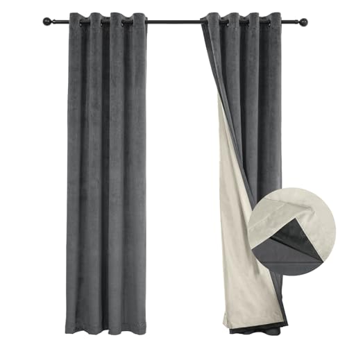 100% Full Blackout Velvet Curtains with Liner 52x84 Long Dark Gray - color: Dark Gray, size: 52"W x 84"L (Pack of 2)