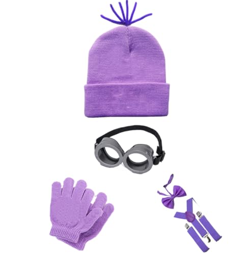 Halloween Costume Accessories Set, Yellow Beanie, Goggles, Suspenders with Bow Tie, 5 Pieces, for Boy and Girl Cosplay Party - color: Purple5