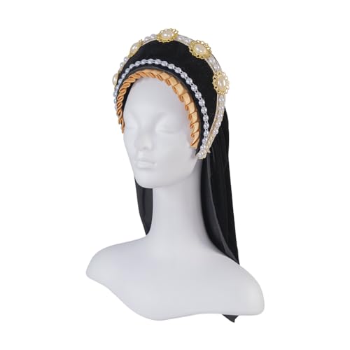 Willyacos Tudor French Hood Anne Boleyn Costume Headpiece Elizabethan Headwear Renaissance Tudor Hat Headdress Headband - color: Black