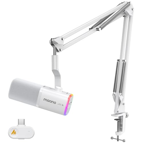 MAONO PD100W Wireless Dynamic Gaming Microphone for PC with USB-C Receiver | One-Click Noise Reduction,Custom RGB,Mute,Monitoring, Companion App,Boom Mic Set for Game Streaming Discord Podcasting, White - color: White
