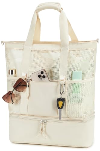 Bluboon Mesh Beach Tote Bag with Cooler Compartment Insulated Detachable Picnic Bag with Zipper and Pocket Pool Bag for Women - color: Solid Beige