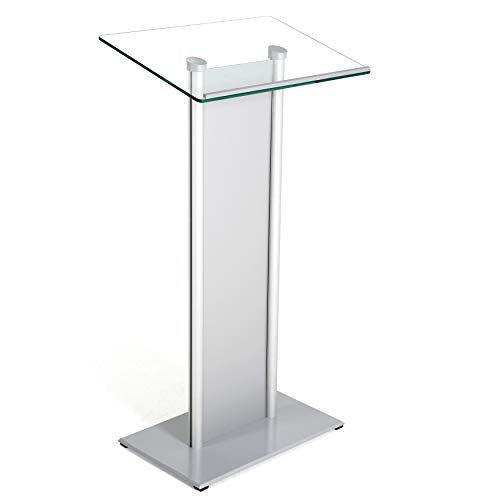 M&T Displays Tempered Clear Glass Conference Podium Stand with Aluminum Front Panel Silver Aluminum Body and Base 43.9 Inch Height Floor Standing Lectern Pulpit Desk for Classroom Church - color: Silver