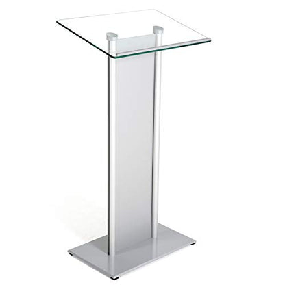 M&T Displays Tempered Clear Glass Conference Podium Stand with Aluminum Front Panel Silver Aluminum Body and Base 43.9 Inch Height Floor Standing Lectern Pulpit Desk for Classroom Church - color: Silver