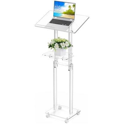 Acrylic Podium Stand Portable, Rolling Podium with Wheels, Clear Podium with Storage Shelf, Lockable Wheels for Churches, Classroom, Weddings, Speech (Adjustable Size, 37.8-47.2 inches Tall) | 37.8–47.2 in height range, tilting top, storage shelf and lock