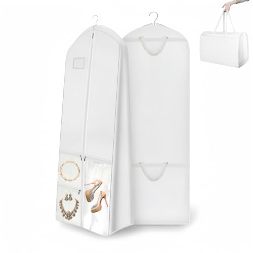 71" Long Wedding Dress Garment Bag with 10" Gusset, Bridal Gown Storage Cover with 4 Pockets, Foldable with 2 Handles, Dress Bag for Women Gowns,Prom,Ballgowns (A-White) - color: A-White