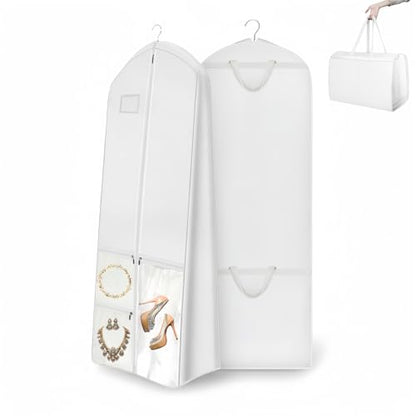 71" Long Wedding Dress Garment Bag with 10" Gusset, Bridal Gown Storage Cover with 4 Pockets, Foldable with 2 Handles, Dress Bag for Women Gowns,Prom,Ballgowns (A-White) - color: A-White