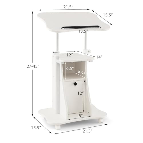 Moccha Lectern Podium Stand, Height Adjustable Sit to Stand Desk w/ 180° Tilting Tabletop, Storage Cabinet, Lockable Casters, Rolling Lectern Cart Laptop Desk for Home, Office, School (White) - color: White