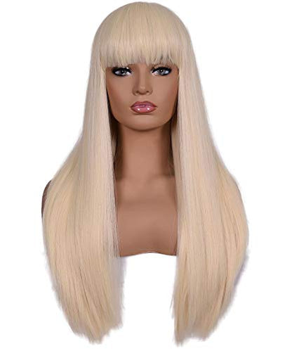 morvally Women's 26 inches Long Straight Blonde Synthetic Resistant Hair Wigs with Bangs Natural Looking Wig for Women Halloween Cosplay (Blonde) - color: Blonde