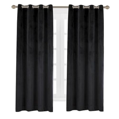 Cherry Home Set of 2 Velvet Flannel Room Darkening Blackout Curtains Panels Drapes Grommet 52 Wide by 108 Long Black for Living Room - color: Black, size: 52"W x 108"L (Pack of 1)