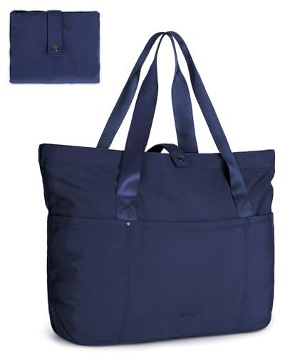 BAGSMART Tote Bag for Women, Foldable Tote Bag With Zipper Travel Shoulder Bag Handbag for Work - color: Navy Blue