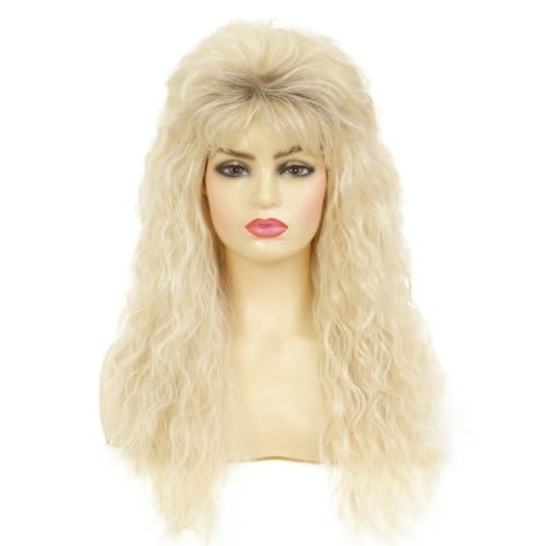 Blonde Long Curly Wig for Women 70s 80s Rocker Punk Wigs with Bangs Cosplay Halloween Costume Party Wigs - color: Long Gold
