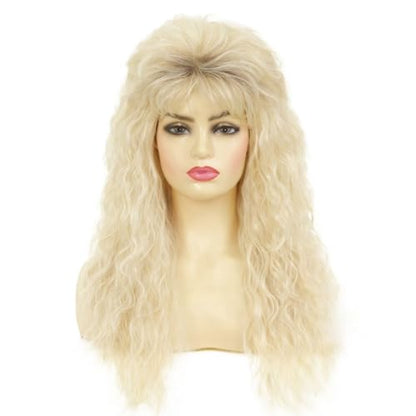 Blonde Long Curly Wig for Women 70s 80s Rocker Punk Wigs with Bangs Cosplay Halloween Costume Party Wigs - color: Long Gold