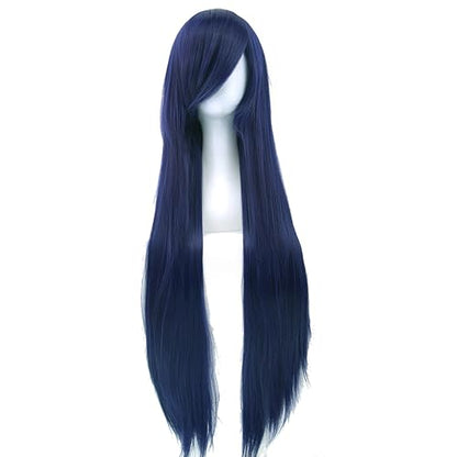 80cm Long Straight Natural Hair Cosplay Wigs with Bangs Colorful Halloween Costume Party Wig for Women (Dark Blue) - color: Dark Blue