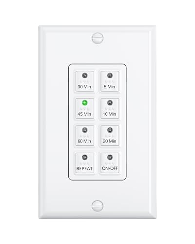 BN-LINK Countdown Bathroom Fan Timer Switch for Exhaust Fan Lights Heaters | 5-10-20-30-45-60mins Preset Push Button, Auto Shut Off, 15A, 1/2HP, Neutral Required, Wall Plate Included, White, ETL Listed - size: Preset (5-10-20-30-45-60mins)