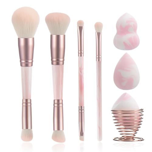 Pink Makeup Brushes set, 4 Dual-Ended Brushes, 3 Makeup Sponges & 1 Metal Stand, Professional Complete Cosmetic Brush Set, for Foundation Powder Blush Eyeshadow - style: Pink 8-piece set