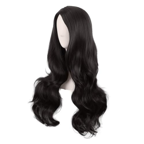 MapofBeauty 28 Inch Long Wavy Curly Side Bangs Party Hair Wig, Black | Synthetic fiber, 70 cm Cosplay Wig, Fashion - color: Black