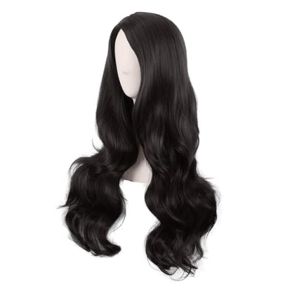 MapofBeauty 28 Inch Long Wavy Curly Side Bangs Party Hair Wig, Black | Synthetic fiber, 70 cm Cosplay Wig, Fashion - color: Black