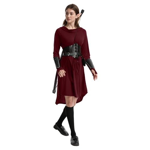 HODBLKT 7PCS Women Renaissance Fairy Costume Medieval Elf Dress Halloween - color: Red, size: Large