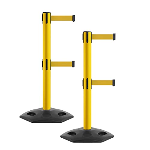 MSR650D Set of 2 Retractable Belt Barrier Stanchion, Heavy-Duty Rubber Base, Yellow Steel Post (14 ft Yellow Belt) - color: Yellow, size: Yellow Steel