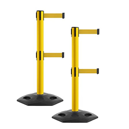 MSR650D Set of 2 Retractable Belt Barrier Stanchion, Heavy-Duty Rubber Base, Yellow Steel Post (14 ft Yellow Belt) - color: Yellow, size: Yellow Steel