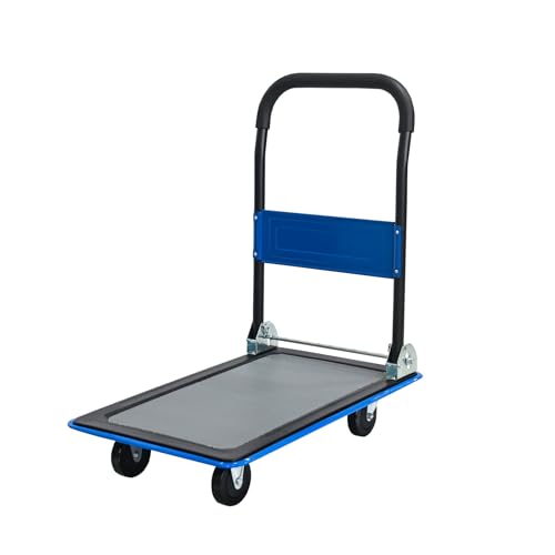 Blue Folding Platform Hand Truck 330 lbs Capacity, Heavy Duty Flatbed Dolly with 360° Swivel Silent Wheels, Foldable Steel Push Cart for Warehouse, Office, and Home Storage - color: Blue, size: 28.4x18.5x32.7inches