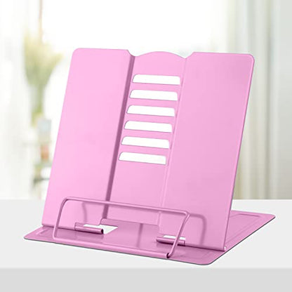 Honagu Book Stand Metal Desk Book Holder, Book Holders for Reading Hands Free, Adjustable Cookbook Documents Holder, Portable Bookstand for Music Books, Textbook, Recipe, Tablet, Ipad (Pink) - color: Pink