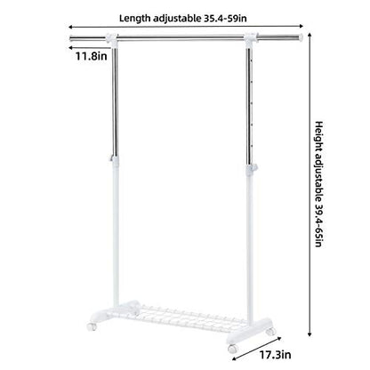 LiaMeE Adjustable Clothing Rack for Hanging Clothes, Heavy Duty Garment Rack with Wheels，Free Standing Rolling Clothes Rack with Shelf & Grid, Easy Assembly Standard Rod, White & Chrome - color: White