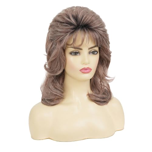 Brown Curly Wigs for Women 80s Rocker Mullet Wig with Bangs Shoulder Length Synthetic Fibre Hair Wig for 70s Party Cosplay Costume Disco Halloween Use - color: Dark Brown