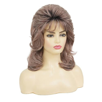 Brown Curly Wigs for Women 80s Rocker Mullet Wig with Bangs Shoulder Length Synthetic Fibre Hair Wig for 70s Party Cosplay Costume Disco Halloween Use - color: Dark Brown