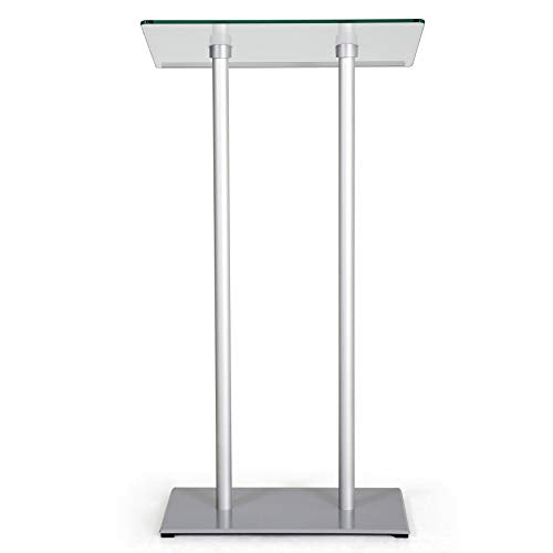 M&T Displays Tempered Clear Glass Conference Podium Stand Silver Aluminum Body and Base 43.9 Inch Height Floor Standing Lectern Pulpit Desk for Classroom Church - color: Silver