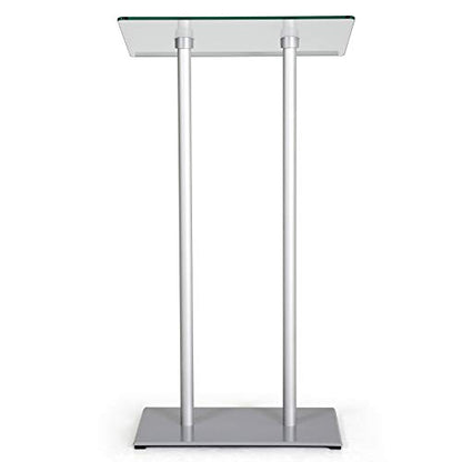 M&T Displays Tempered Clear Glass Conference Podium Stand Silver Aluminum Body and Base 43.9 Inch Height Floor Standing Lectern Pulpit Desk for Classroom Church - color: Silver