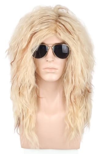 80s Mullet Wigs for Men Blonde Long Curly Heavy Metal Rocker Wig Halloween Costume Wig - color: Blonde/10