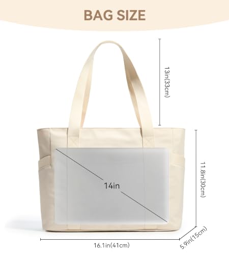 WLLWOO Large Tote Bag, 14” Laptop Work Travel Bag with Trolley Sleeve | Multi Pocket Water Splash Zipper Shoulder Handbag for Women Daily Nurse Gym Commute - color: Beige