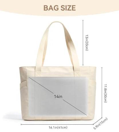 WLLWOO Large Tote Bag, 14” Laptop Work Travel Bag with Trolley Sleeve | Multi Pocket Water Splash Zipper Shoulder Handbag for Women Daily Nurse Gym Commute - color: Beige