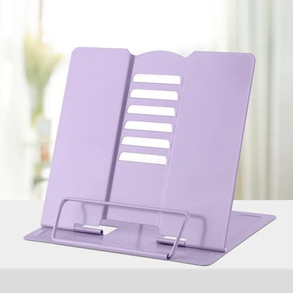 Honagu Book Stand Metal Desk Book Holder, Book Holders for Reading Hands Free, Adjustable Cookbook Documents Holder, Portable Bookstand for Music Books, Textbook, Recipe, Tablet, Ipad (Light Purple) - color: Light Purple