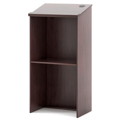Tangkula Floor Standing Podium, Wooden Speaking Lectern Hostess Stand with 2-Tier Shelves & Dual Cable Holes, Standing Lectern Desk for Meeting Room, School, Churches, Auditorium, Classroom