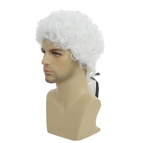 ByouByou Colonial Wig, Curly Lawyer Wig with Black Ribbon, Synthetic Hair Wig, Ideal for Halloween Costumes, Historical Cosplay & Themed Partiesy (white) - color: Male-White